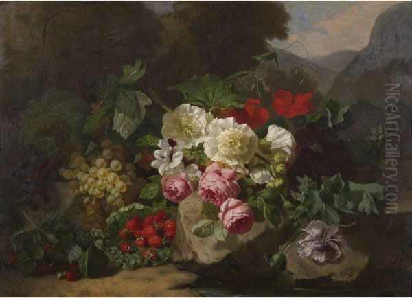 Still Life With Flowers And Fruit Oil Painting by Henri Robbe