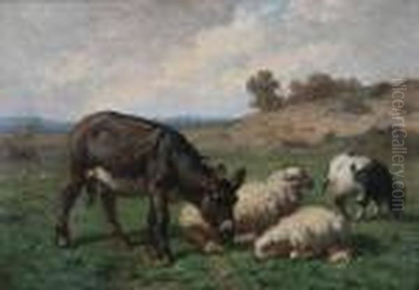 Heuvelachtig Landschap Met Ezel En Schapen Oil Painting by Louis Marie Dominique Romain Robbe