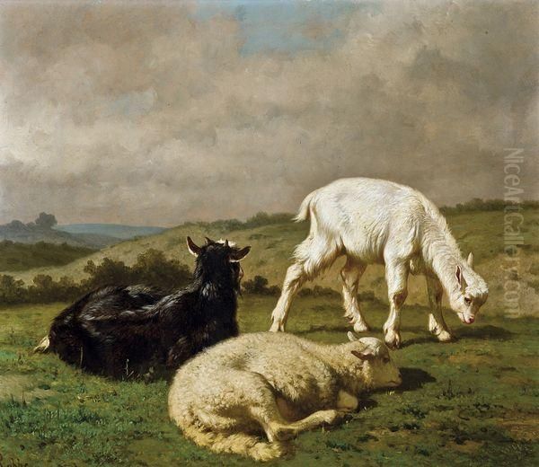 Deux Boucs Et Un Mouton Oil Painting by Louis Marie Dominique Romain Robbe