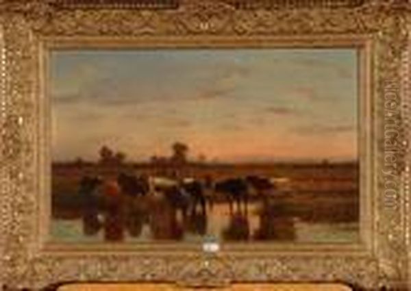 Paysage Avec Betail Au Coucher Du Soleil Oil Painting by Louis Marie Dominique Romain Robbe