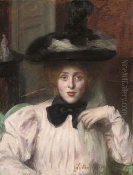 A Young Beauty In A Black Hat Oil Painting by Lucy Lee Robbins