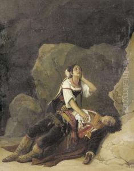 Seufzende Frau Mit Verwundetem Brigant. Oil Painting by Aurele Robert