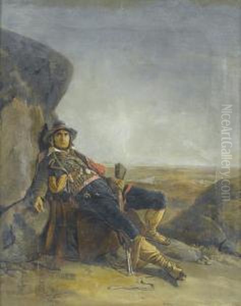 Brigant Bei Felsblock Vor Ebener Landschaft. Oil Painting by Aurele Robert