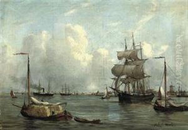 Bustling Activity In A Dutch Harbour Oil Painting by Robert Charles Gustave Laurens Mols