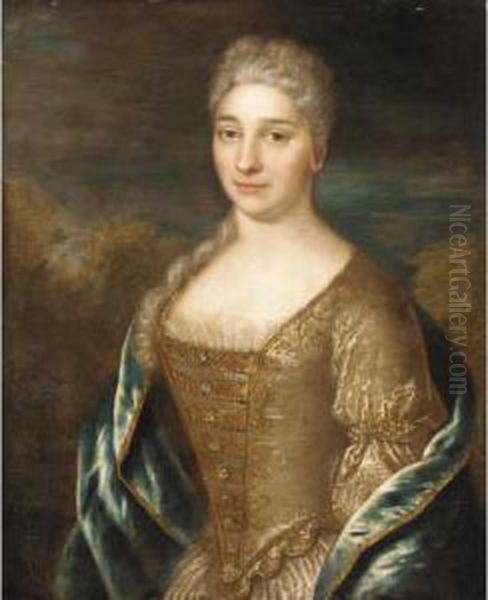 Portrait Of A Mademoiselle De Maricault, Half Length, Wearing A Brown Embroidered Dress Oil Painting by Gilles Robert De Vaugondy