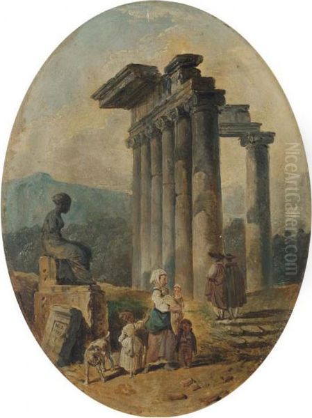 Une Mere Et Ses Enfants Dans Un Paysage De Ruines Oil Painting by Hubert Robert