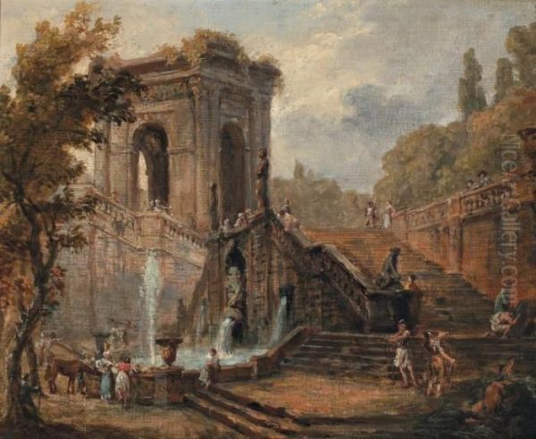 Lavandieres Au Pied D'un Escalier En Ruines Oil Painting by Hubert Robert