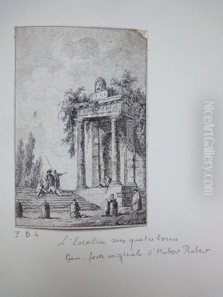 La Statue En Avant Des Ruines ; L'escalier Aux Quatre Bornes. Oil Painting by Hubert Robert