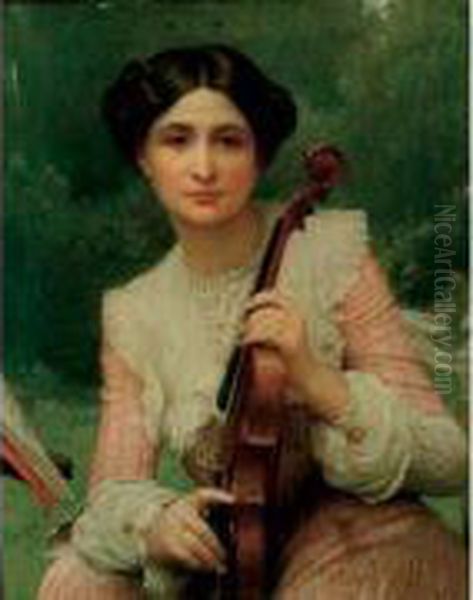 Jeune Femme Tenant Un Violon D'epoque Xviiie Siecle De Montage Baroque Oil Painting by Leon Paul Joseph Robert