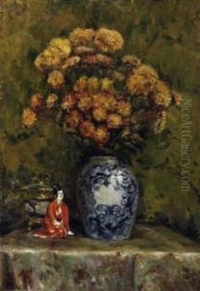 A Bouquet Of Asters In A Vase, Next To It Chinese Porcelain Oil Painting by Paul T. Robert