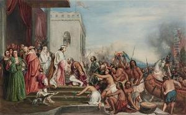 The Reception Of Christopher Columbus By King Ferdinand Ii And Queen Isabella Of Spain In Barcelona Oil Painting by Joseph-Nicolas Robert-Fleury