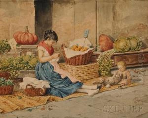 The Vegetable Seller Oil Painting by Albert Pierre Roberti