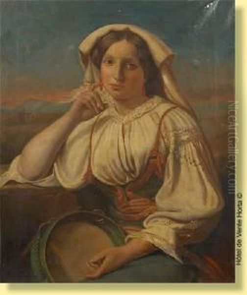 Joueuse De Tambourin Sur Fond De Paysage Oil Painting by Albert Pierre Roberti