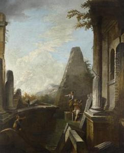 Figures Amongst Classical Ruins, With A Pyramid In The Distance Oil Painting by Domenico Roberti