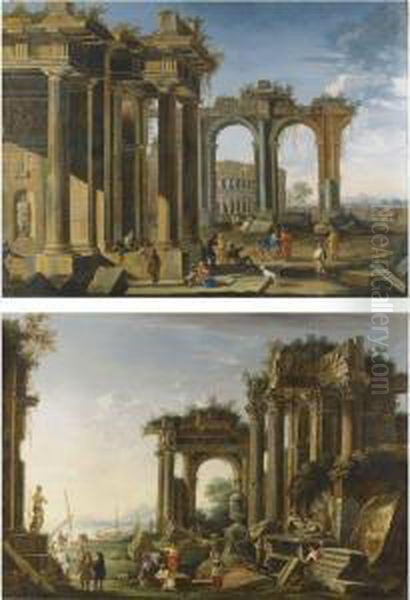 Capricci Of Roman Ruins With Soldiers And Merchants Conversing,the Colosseum And A Rocky Bay Beyond Oil Painting by Domenico Roberti