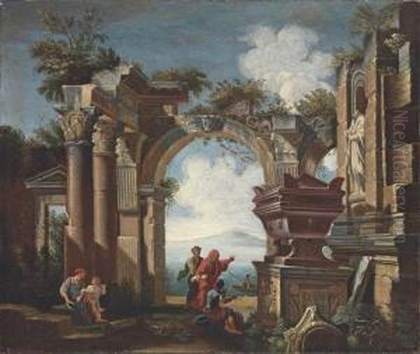 An Architectural Capriccio With Classical Ruins And Figures Oil Painting by Domenico Roberti