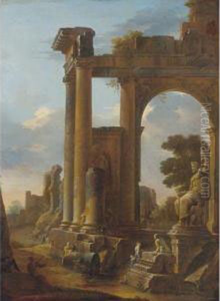 Classical Ruins With Figures Oil Painting by Domenico Roberti