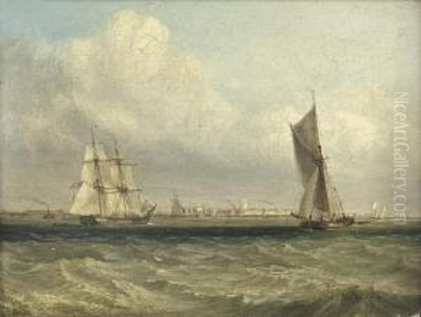 A Danish Trading Brig Off A Port, Thought To Be Antwerp Oil Painting by D. Roberts