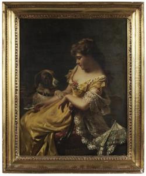 Woman With Letter And Her Dog Oil Painting by Edwin Thomas Roberts