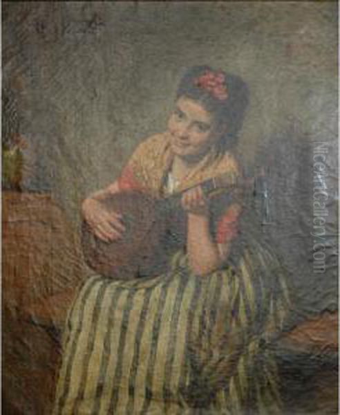 Lady With A Mandolin Oil Painting by Edwin Thomas Roberts