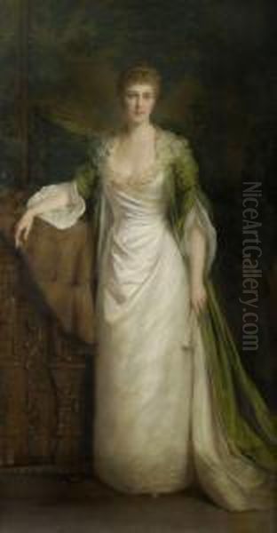 Portrait Of A Lady, Full Length Holding A Fan Oil Painting by Ellis William Roberts