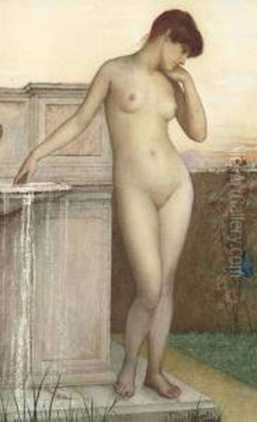 A Female Nude Standing By A Fountain Oil Painting by Ellis William Roberts