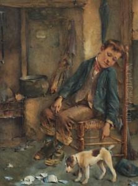 'realization', A Young Boy And Puppy Seated By A Fireside Oil Painting by Henry Benjamin Roberts