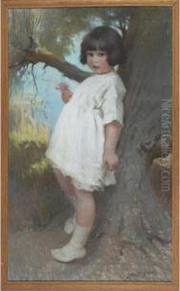 Young Girl Holding A Flower By The River Oil Painting by Lancelot Roberts