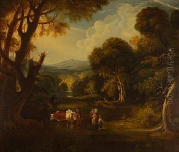 Classical Irish Landscape With Sugar Loaf Mountain In The Distance And Cattle And Figures In The Foreground Oil Painting by Thomas Roberts