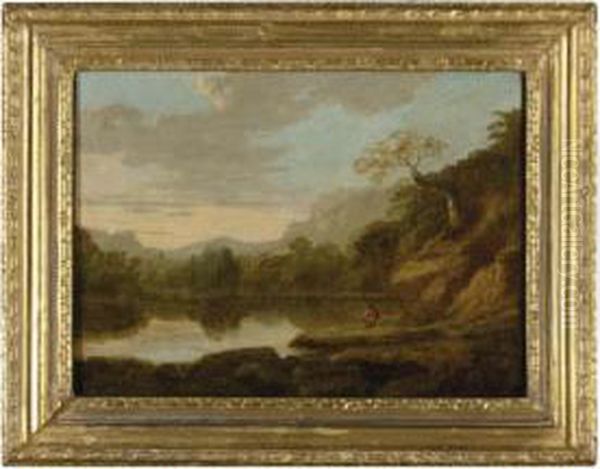 Landscape With A Traveler Resting By Water's Edge Oil Painting by Thomas Roberts