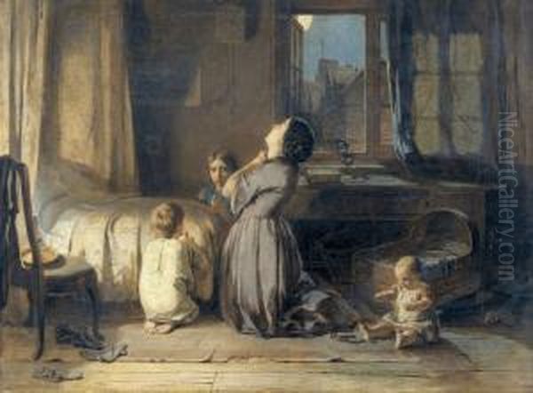 Mutter Mit Kindern Beim Abendgebet Oil Painting by Thomas Edward Roberts