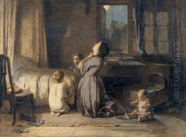 Mutter Mit Kindern Beim Abendgebet. Oil Painting by Thomas Edward Roberts