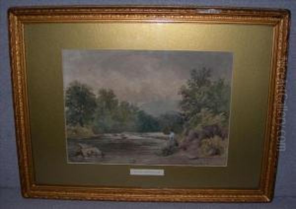 Angell Roberts View Ofthe River Usk Oil Painting by Thomas Edward Roberts