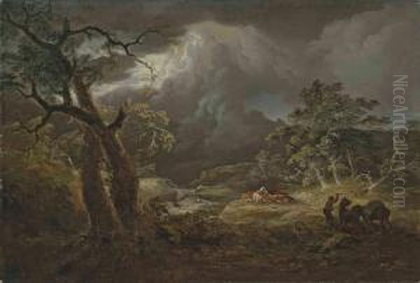 A Stormy River Landscape, With Herdsmen Oil Painting by Thomas Saut. Roberts