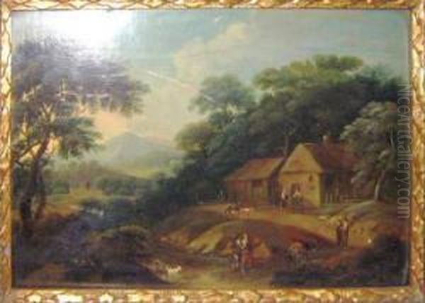 With Figures At A Farm' Oil Painting by Thomas Saut. Roberts