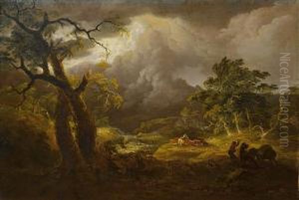 Herdsmen Driving Cattle In A Stormylandscape Oil Painting by Thomas Saut. Roberts