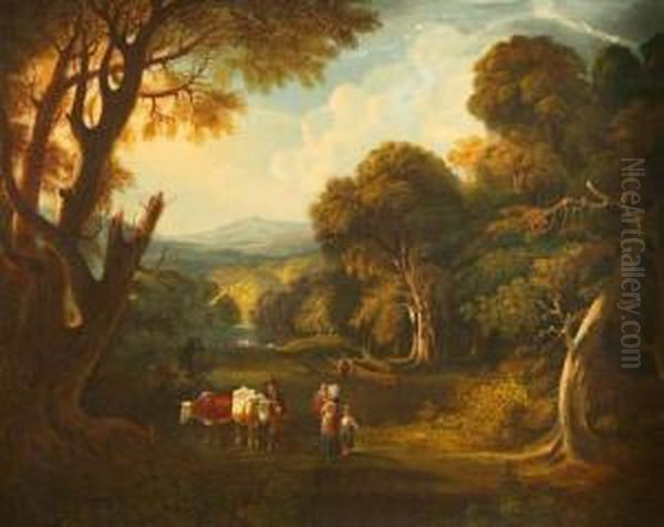 Arustic Family And Animals In An Irish Landscape Oil Painting by Thomas Saut. Roberts