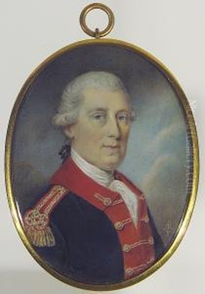 An Officer Of The United States Infantry, Wearing Blue Uniform With Red Facings, Braided Button Holes And Epaulette, His Powdered Wig Worn Oil Painting by Archibald Robertson