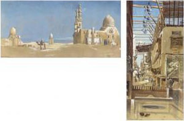 The Tombs Of The Cailiffs, Cairo; And An Oriental Bazaar, Cairo Oil Painting by Charles Robertson