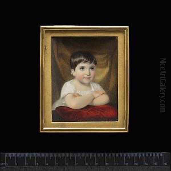 Fanny Maria Anderson, Aged Four Years, Wearing White Dress And Leaning, With Folded Arms On A Red Cushion, Dark Cream Curtain Background. Oil Painting by Charles John Robertson