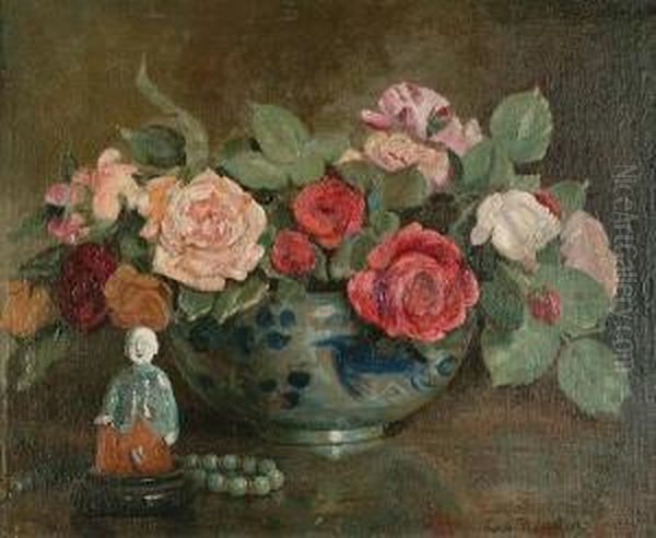 Still Life Of Flowers And Ceramic Figurine Oil Painting by Charles Kay Robertson