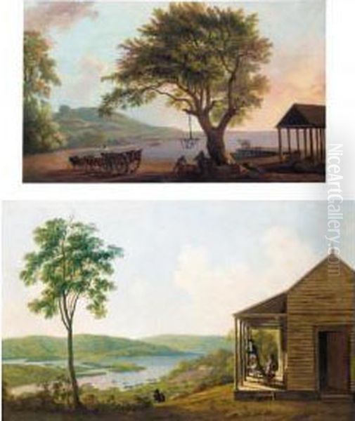 Unloading Cargo By The Shore, At Port Morant, Jamaica; And Two Gentlemen Surveying Their Estate In Jamaica Oil Painting by George Robertson