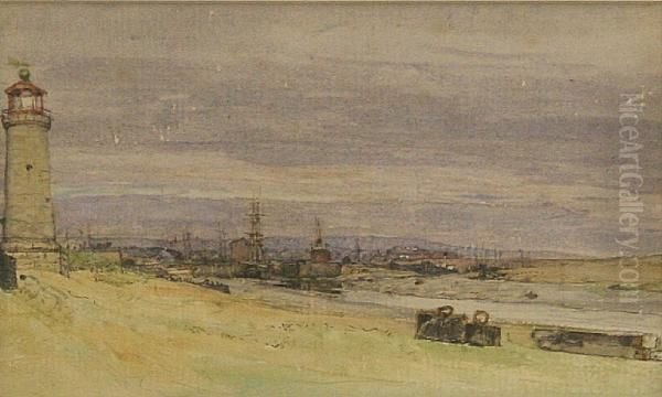 River Estuary With Lighthouse, Possibly The Orwell Oil Painting by Henry Robertson