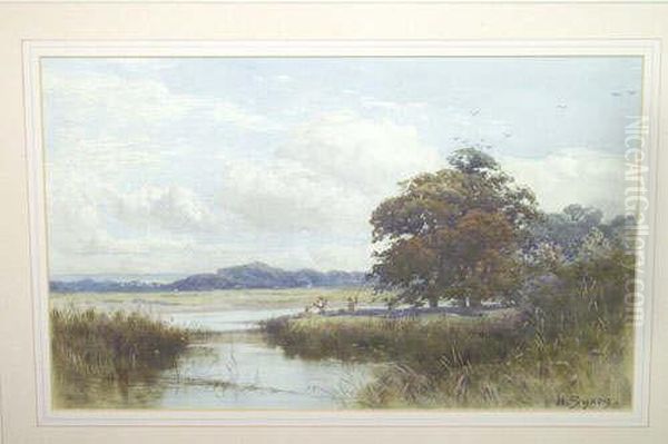 Kes R.b.a. Summer Landscape With Figures Fishing Beside A River Signed Oil Painting by Henry Robert Robertson