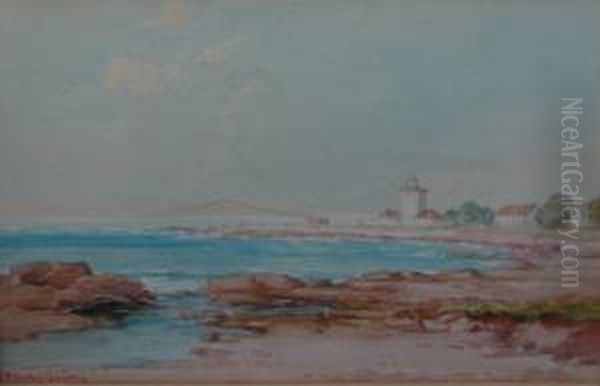 Seascape From Rocky Shore With Buildings Before A Distant Mountain
 Range Oil Painting by James Mcculloch Robertson