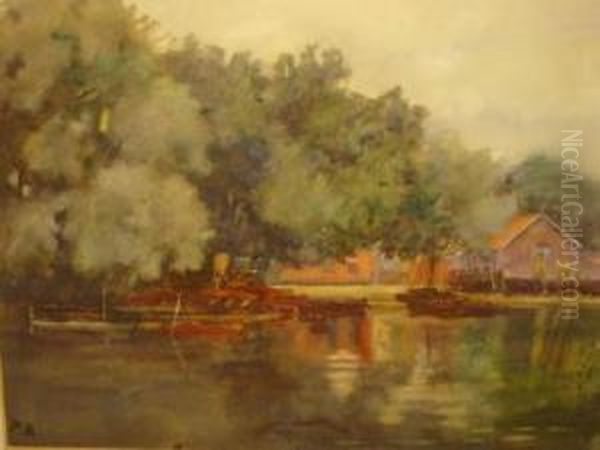 Boatyard By A River Oil Painting by Percy Robertson