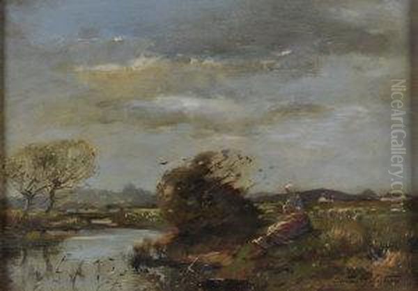 Shepherdess At A Riverside Oil Painting by Struan Robertson