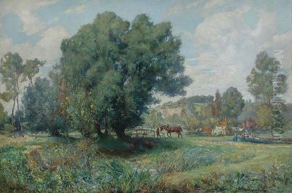 Aheavy Horse Pulling A Narrow Boat Along A Canal Oil Painting by Victor John Robertson