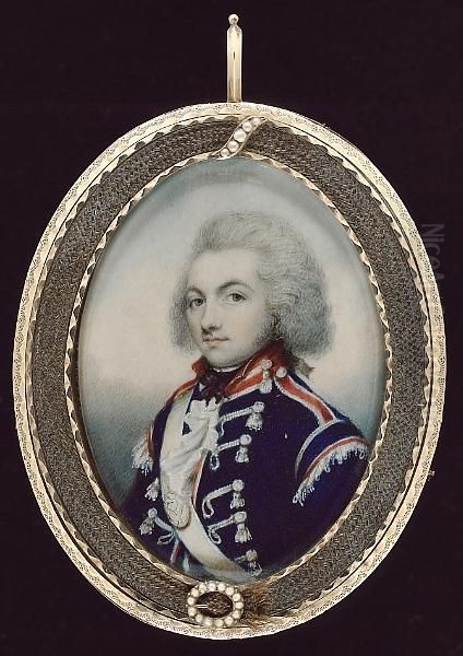 An Officer Of The 8th King's Own Royal Irish Light Dragoons, Wearing Blue Uniform, With Red Facings, Silver Lace And Wings, His Shoulder Belt Featuring A Harp, His Hair Powdered And Worn Oil Painting by Walter Robertson