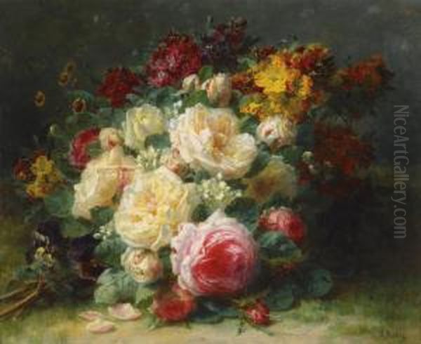 A Bouquet Of Cabbage Roses Oil Painting by Jean-Baptiste Robie